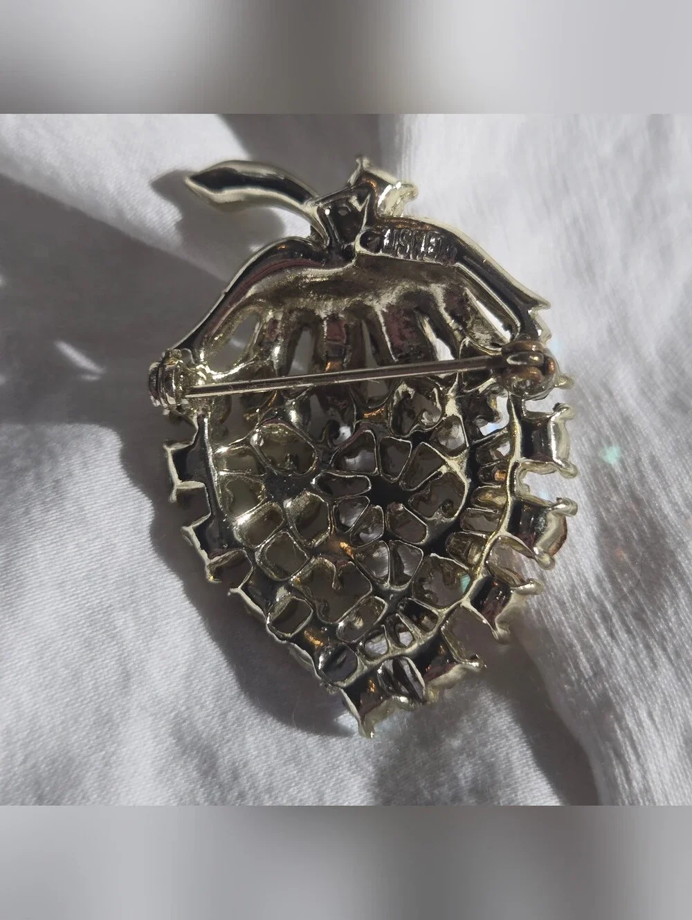 Gold-Tone Brown Aurora Crystal Strawberry Broach - Marked